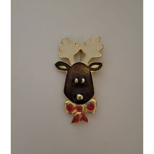 Festive Gold Tone Enameled Brown Reindeer Pin White Antlers Red Bow